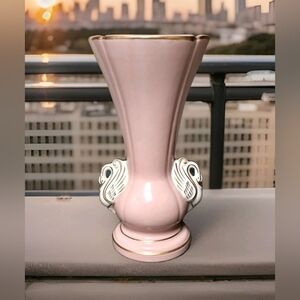 VINTAGE CHADWICK CHINA CO. POTTERY 11"  Pink Vase with Swans & Gold Accents